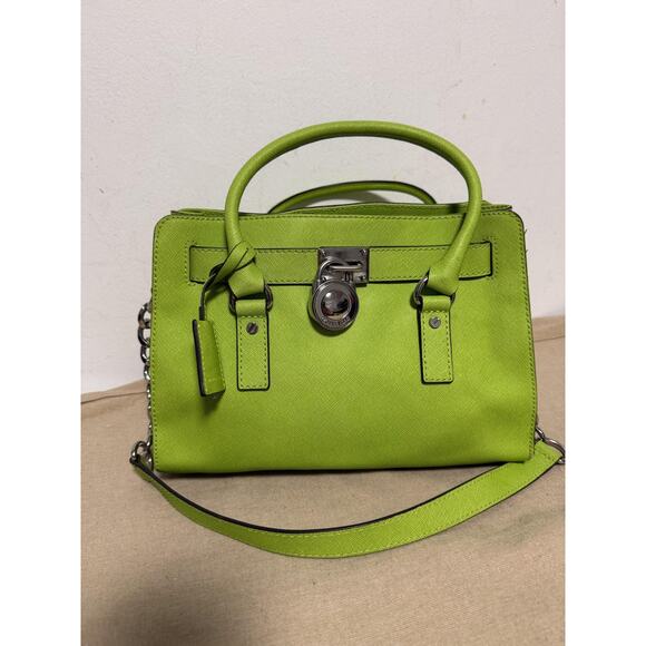 Michael Kors Satchel Womens Lime Green Saffiano Leather Top Handle Padlock Purse - Picture 2 of 16